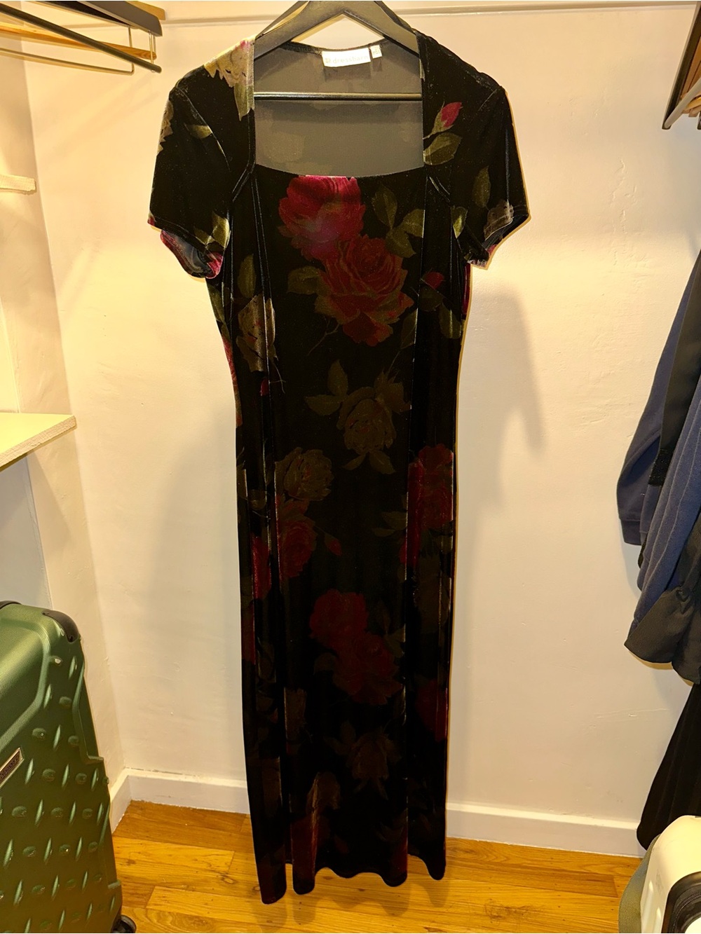 Black Velvet Floral Maxi Dress with Red Rose Print
